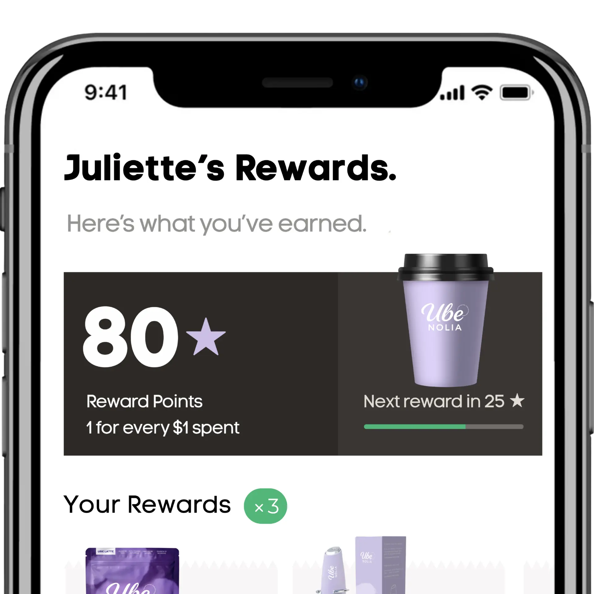 Aplicación Ube Nolia Rewards con los puntos de fidelidad y las ventajas del polvo de ube