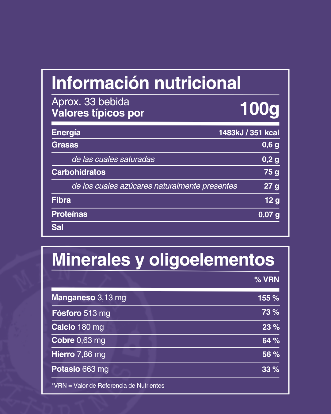Información nutricional del polvo de ube Ube Nolia, minerales y oligoelementos