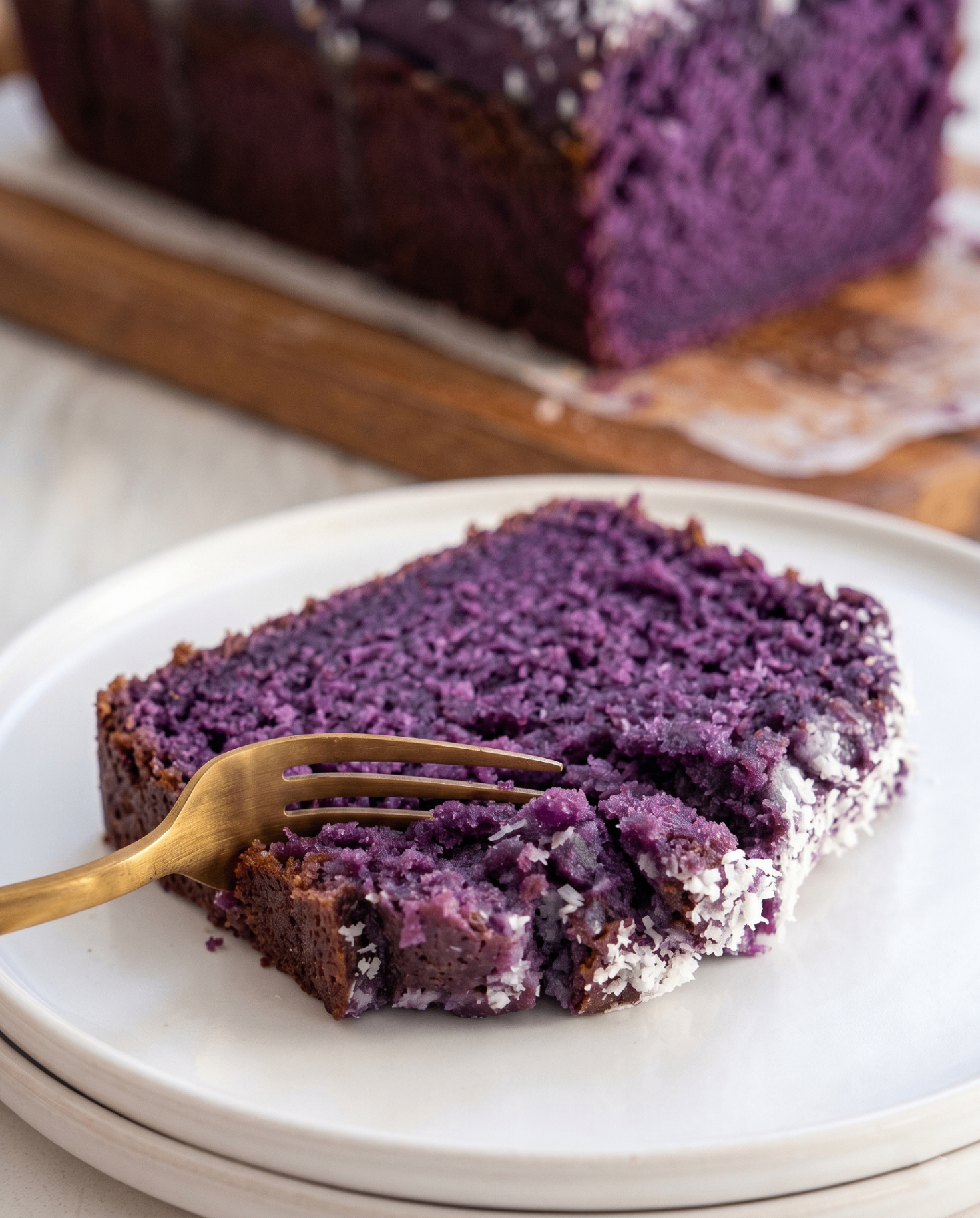 Ube Coconut Loaf Cake: Húmedo Pastel Morado con Glaseado Nevado de Coco