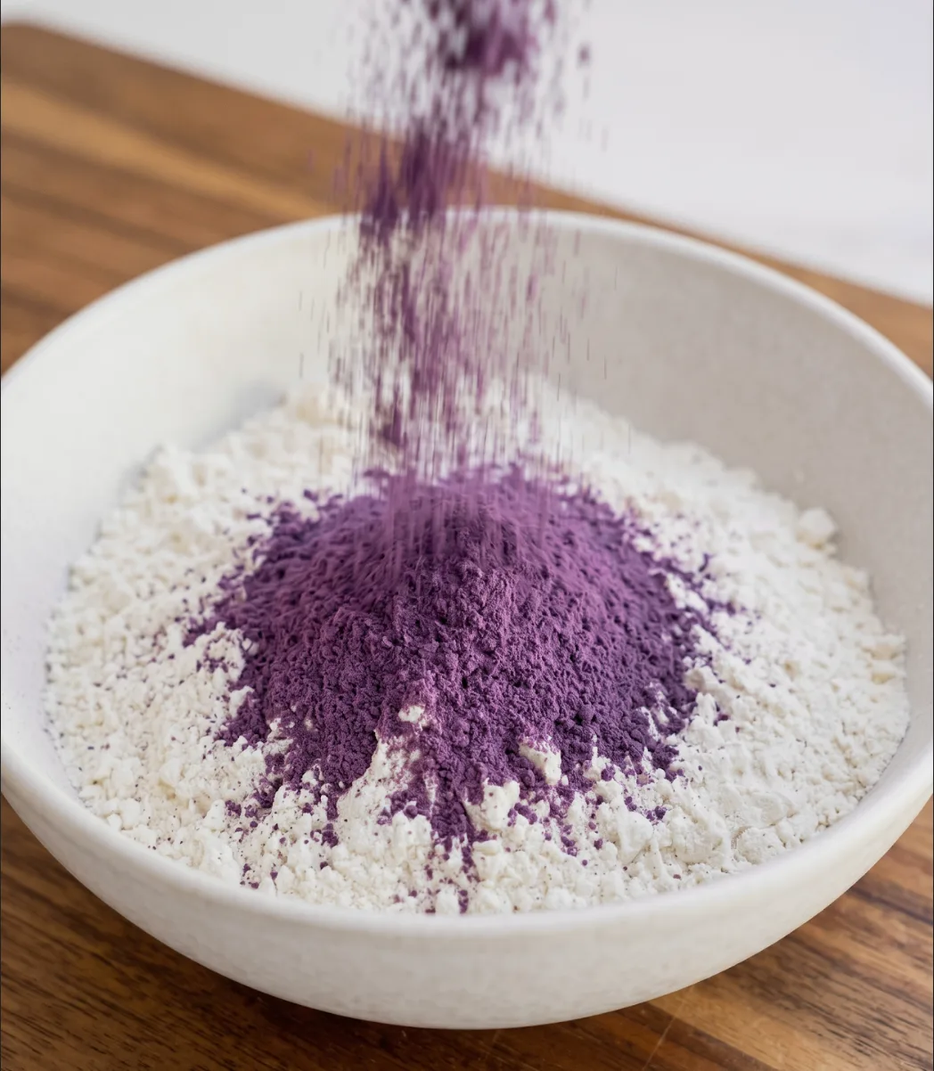 Ube Nolia purple polvo de ube being sifted into a bowl of white flour for ube coconut loaf cake