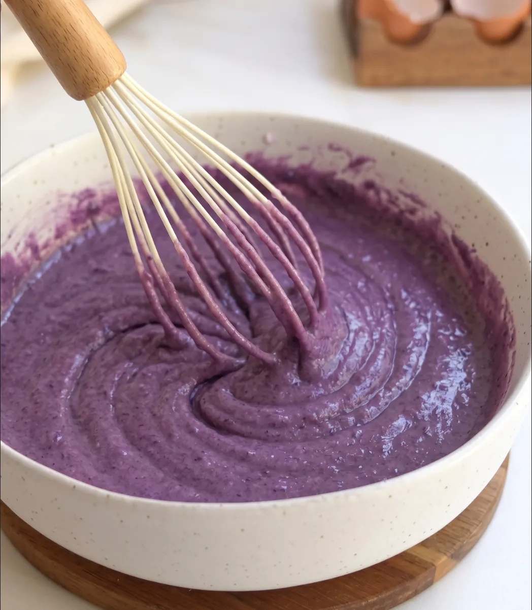 Masa suave de bizcocho de ube y coco siendo batida en un bol para el bizcocho Ube Nolia