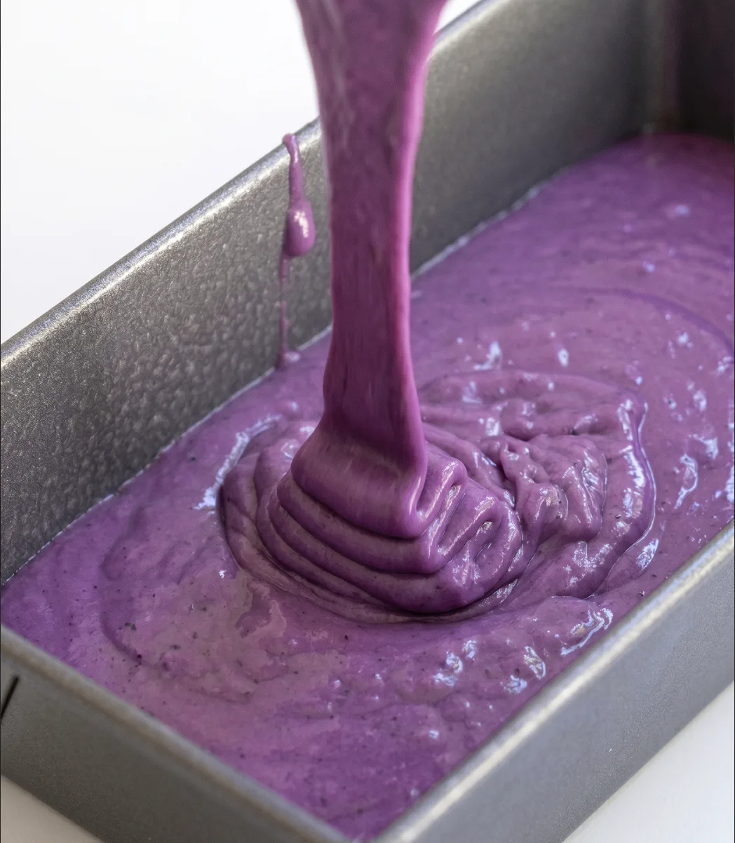 Masa morada de bizcocho de ube y coco siendo vertida en un molde metálico para bizcocho para la receta Ube Nolia