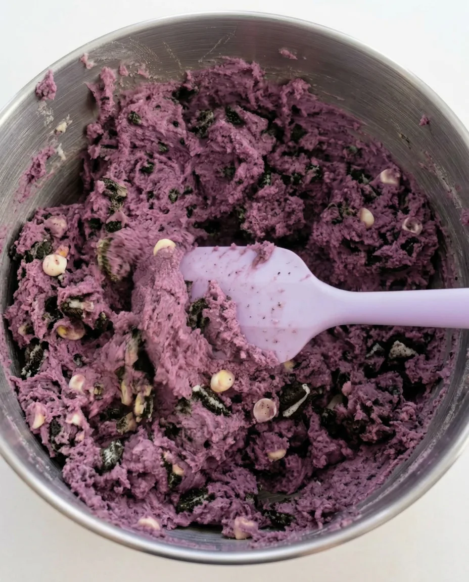 Masa de galleta Oreo de Ube estilo New York con trozos de chocolate blanco y trozos de Oreo triturados en un bol