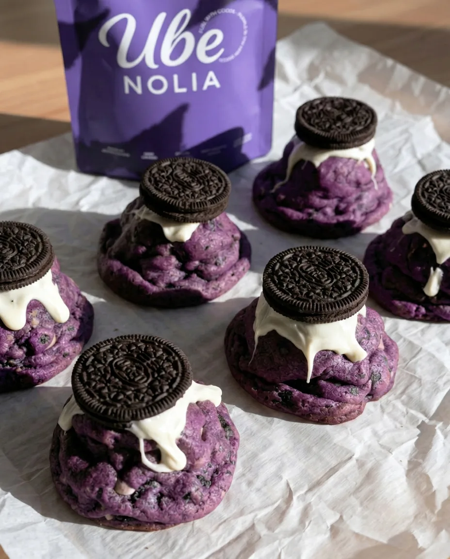 Las Mejores Galletas Oreo de Ube – Galletas Oreo de ube estilo New York gruesas, bolsa de polvo de ube y chocolate blanco goteando | Ube Nolia