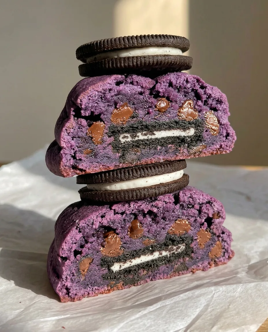 Las Mejores Galletas Oreo de Ube – Corte transversal de galletas Oreo de ube estilo New York apiladas mostrando el centro de Oreo entero, blanco | Ube Nolia