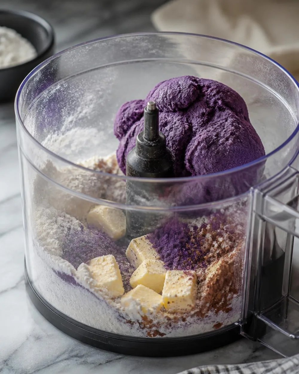 Masa de galleta Ube Oreo – masa violeta en un procesador de alimentos con polvo de ube, harina, cacao y mantequilla | Ube Nolia