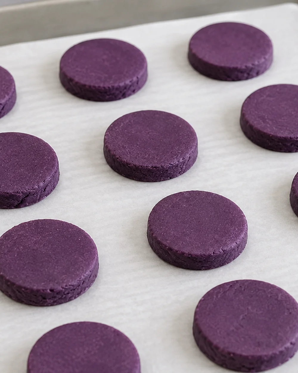 Obleas Ube Oreo – manos presionando masa de ube morada en discos finos de 3 mm sobre papel de horno | Ube Nolia