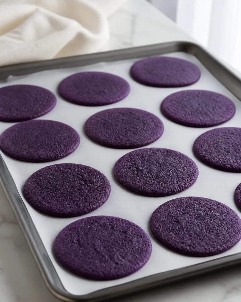 Obleas Ube Oreo horneadas – discos de galleta de ube morada enfriándose en una bandeja para hornear | Ube Nolia