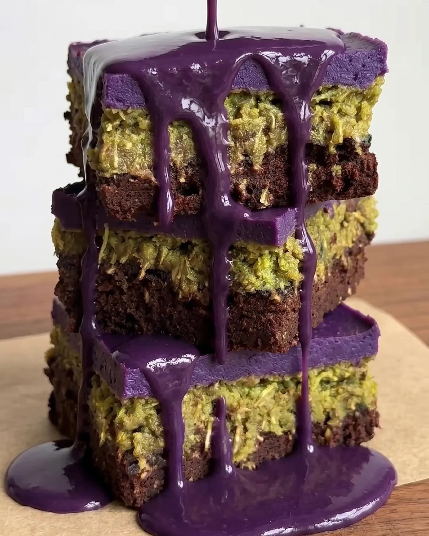 Salsa de goteo de ube vertible cayendo en cascada sobre una pila de barras de brownie de chocolate Ube Dubái de Ube Nolia